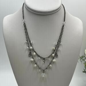 Liz Palacios Two Layered Pearl Crystal Necklace‎ Swarovski USA Designer Vintage